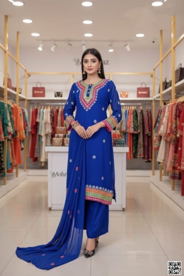 রেডিমেড জর্জেট ডলার এবং এমব্রয়ডারি কাজ করা থ্রী পিস